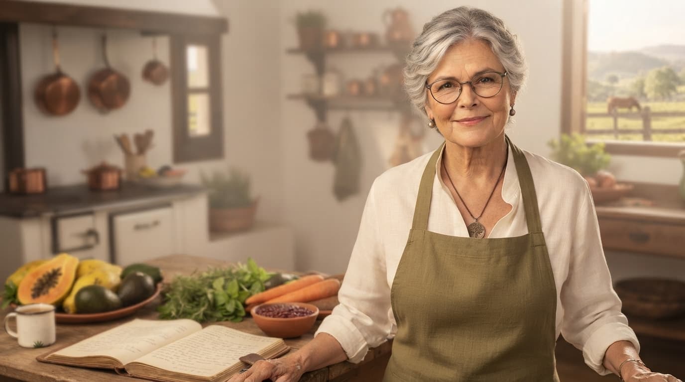Dona Maria na cozinha, com seu caderno de receitas